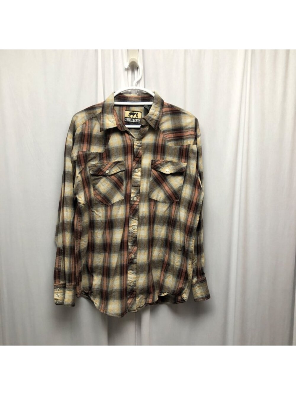 Western Trails Brown Plaid Shirt Mens Size XL Pearl Snaps Cotton Long Sleeve